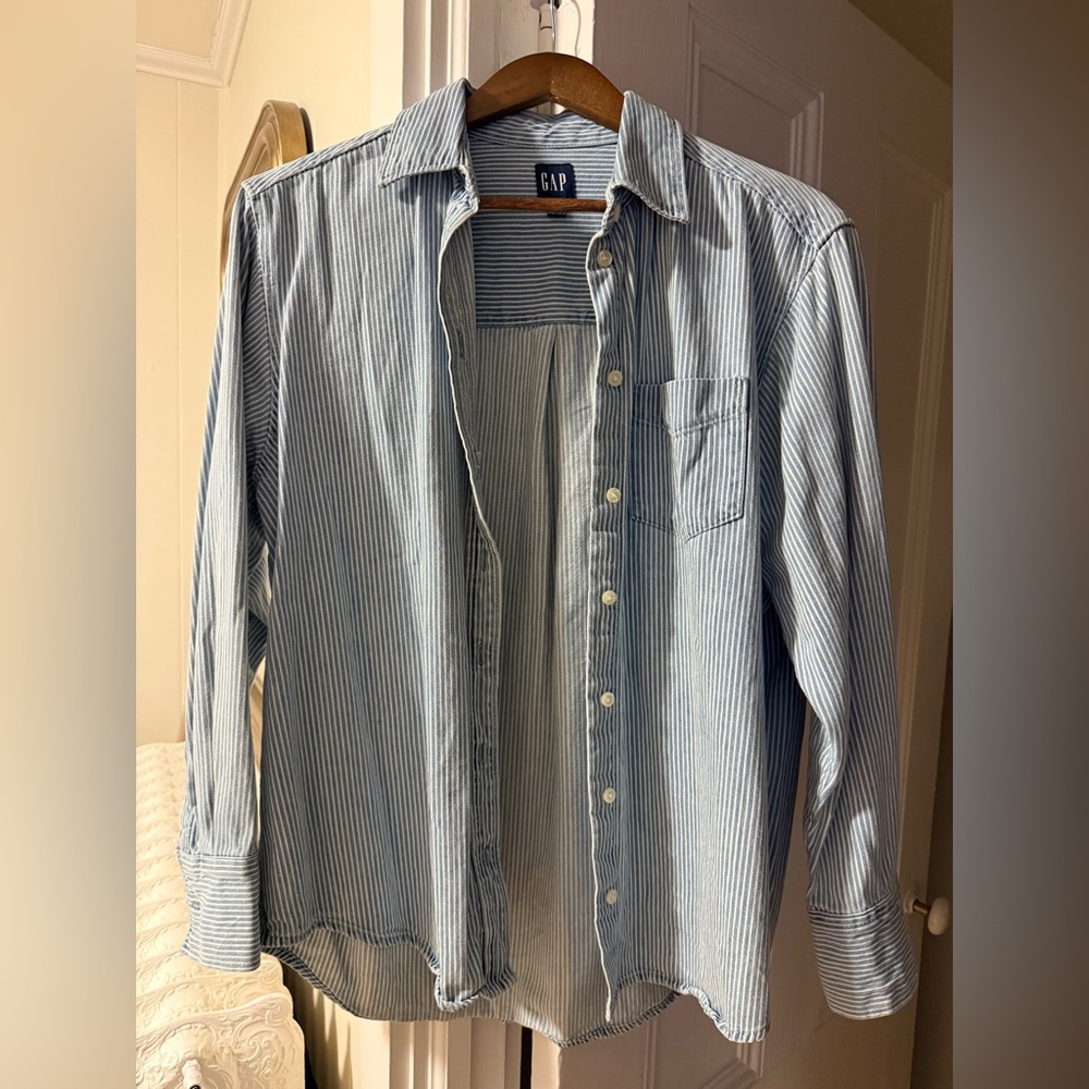 GAP Blue and White Striped Denim Button Down